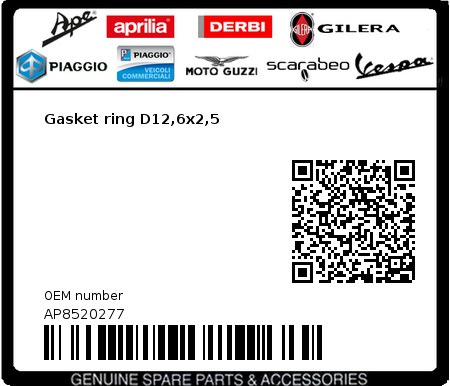 Product image: Piaggio - AP8520277 - Gasket ring D12,6x2,5  0