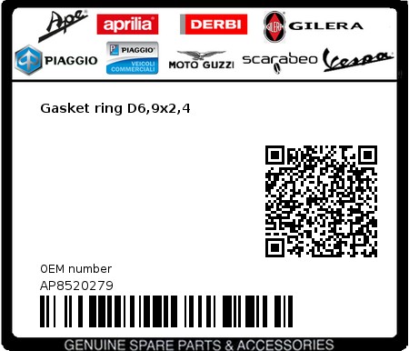 Product image: Piaggio - AP8520279 - Gasket ring D6,9x2,4  0