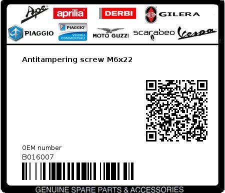 Product image: Piaggio - B016007 - Antitampering screw M6x22  0