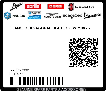 Product image: Piaggio - B016778 - FLANGED HEXAGONAL HEAD SCREW M8X45  0