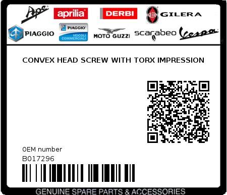 Product image: Piaggio - B017296 - CONVEX HEAD SCREW WITH TORX IMPRESSION  0