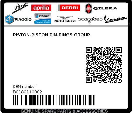 Product image: Piaggio - B0180110002 - PISTON-PISTON PIN-RINGS GROUP  0