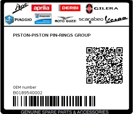 Product image: Piaggio - B0189540002 - PISTON-PISTON PIN-RINGS GROUP  0