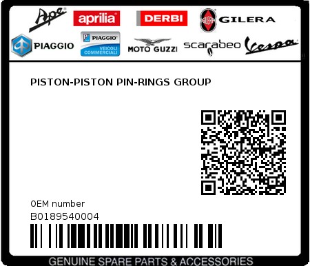 Product image: Piaggio - B0189540004 - PISTON-PISTON PIN-RINGS GROUP  0