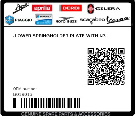 Product image: Piaggio - B019013 - .LOWER SPRINGHOLDER PLATE WITH I.P.  0