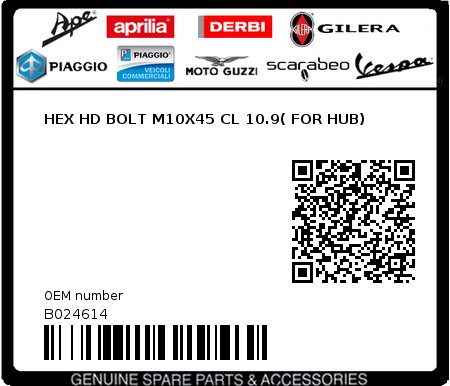 Product image: Piaggio - B024614 - HEX HD BOLT M10X45 CL 10.9( FOR HUB)  0