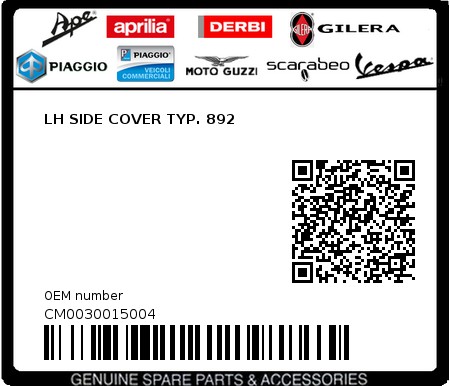 Product image: Piaggio - CM0030015004 - LH SIDE COVER TYP. 892  0