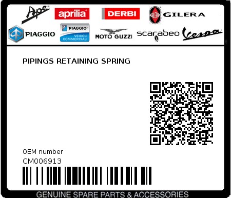 Product image: Piaggio - CM006913 - PIPINGS RETAINING SPRING  0