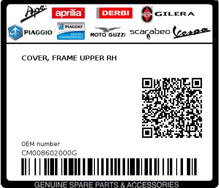 Product image: Piaggio - CM008602000G - COVER, FRAME UPPER RH  0