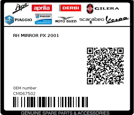 Product image: Piaggio - CM067502 - RH MIRROR PX 2001  0