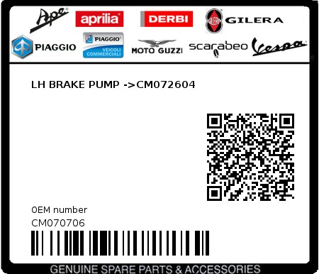 Product image: Piaggio - CM070706 - LH BRAKE PUMP ->CM072604  0