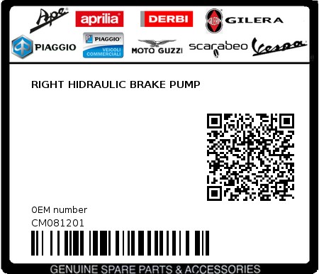Product image: Piaggio - CM081201 - RIGHT HIDRAULIC BRAKE PUMP  0