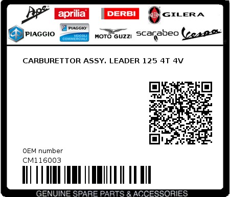 Product image: Piaggio - CM116003 - CARBURETTOR ASSY. LEADER 125 4T 4V  0