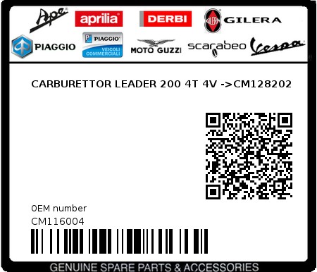 Product image: Piaggio - CM116004 - CARBURETTOR LEADER 200 4T 4V ->CM128202  0