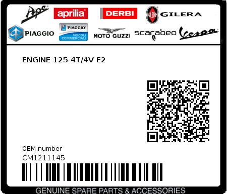 Product image: Piaggio - CM1211145 - ENGINE 125 4T/4V E2  0