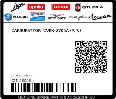 Product image: Piaggio - CM156008 - CARBURETTOR  CVEK-2705A (P.P.)  0