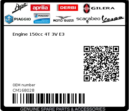 Product image: Piaggio - CM168028 - Engine 150cc 4T 3V E3  0