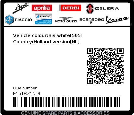 Product image: Piaggio - E15TBZ1NL3 - Vehicle colour:Bis white[595]   Country:Holland version[NL]  0