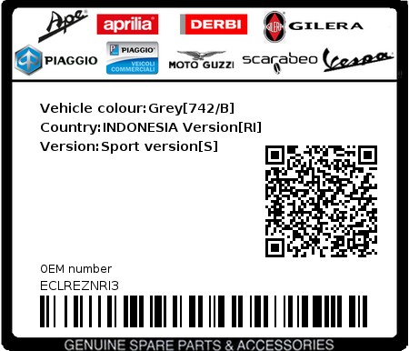 Product image: Piaggio - ECLREZNRI3 - Vehicle colour:Grey[742/B]   Country:INDONESIA Version[RI]   Version:Sport version[S]  0
