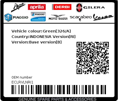 Product image: Piaggio - ECLRVLNRI1 - Vehicle colour:Green[326/A]   Country:INDONESIA Version[RI]   Version:Base version[B]  0