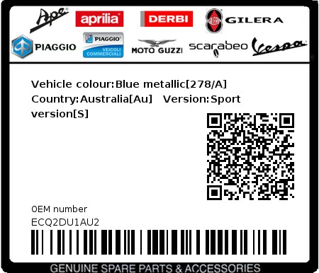 Product image: Piaggio - ECQ2DU1AU2 - Vehicle colour:Blue metallic[278/A]   Country:Australia[Au]   Version:Sport version[S]  0