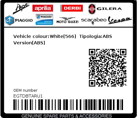 Product image: Piaggio - EGTDBTARU1 - Vehicle colour:White[566]  Tipologia:ABS Version[ABS]  0