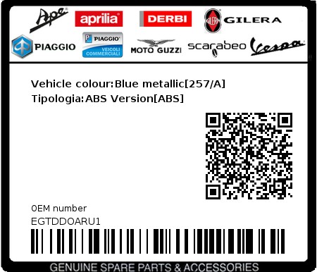 Product image: Piaggio - EGTDDOARU1 - Vehicle colour:Blue metallic[257/A]  Tipologia:ABS Version[ABS]  0