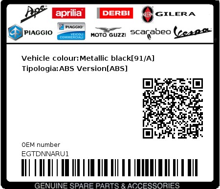 Product image: Piaggio - EGTDNNARU1 - Vehicle colour:Metallic black[91/A]  Tipologia:ABS Version[ABS]  0