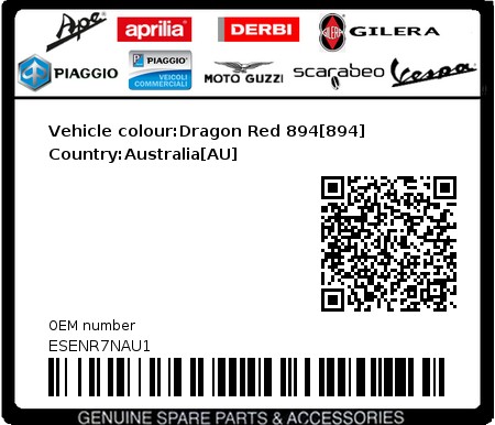 Product image: Piaggio - ESENR7NAU1 - Vehicle colour:Dragon Red 894[894]   Country:Australia[AU]  0