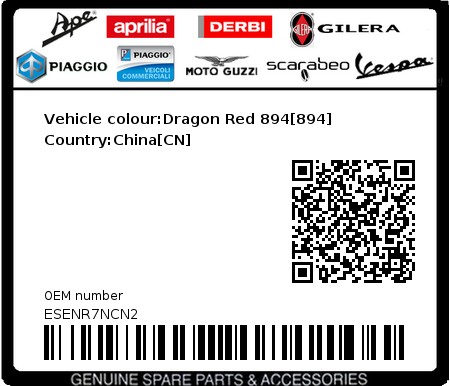 Product image: Piaggio - ESENR7NCN2 - Vehicle colour:Dragon Red 894[894]   Country:China[CN]  0