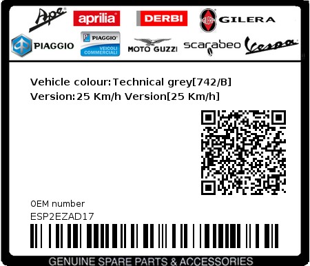 Product image: Piaggio - ESP2EZAD17 - Vehicle colour:Technical grey[742/B]   Version:25 Km/h Version[25 Km/h]  0