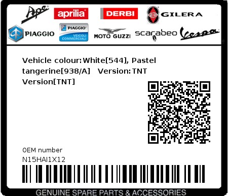 Product image: Piaggio - N15HAI1X12 - Vehicle colour:White[544], Pastel tangerine[938/A]   Version:TNT Version[TNT]  0