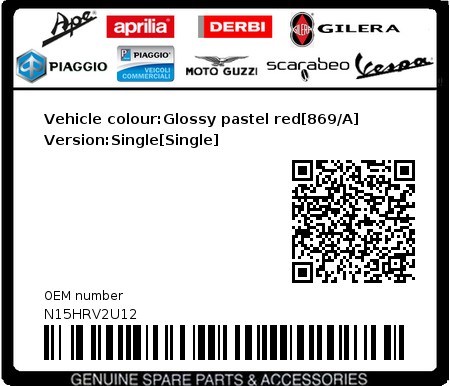 Product image: Piaggio - N15HRV2U12 - Vehicle colour:Glossy pastel red[869/A]   Version:Single[Single]  0
