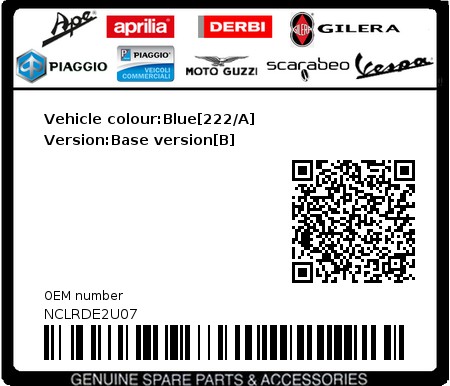 Product image: Piaggio - NCLRDE2U07 - Vehicle colour:Blue[222/A]   Version:Base version[B]  0