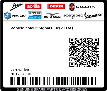 Product image: Piaggio - NGT2DAPU01 - Vehicle colour:Signal Blue[211/A]  0