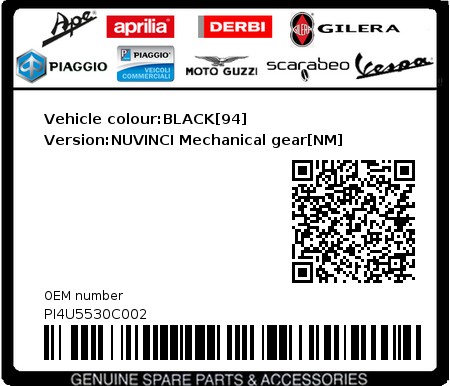 Product image: Piaggio - PI4U5530C002 - Vehicle colour:BLACK[94]   Version:NUVINCI Mechanical gear[NM]  0