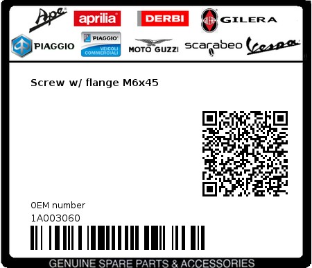 Product image: Vespa - 1A003060 - Screw w/ flange M6x45  0