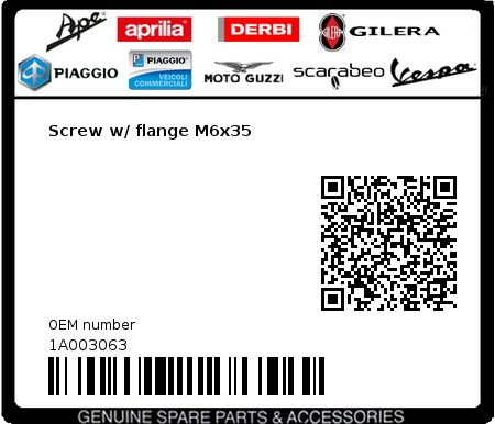 Product image: Vespa - 1A003063 - Screw w/ flange M6x35  0