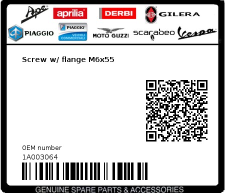 Product image: Vespa - 1A003064 - Screw w/ flange M6x55  0