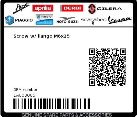 Product image: Vespa - 1A003065 - Screw w/ flange M6x25  0