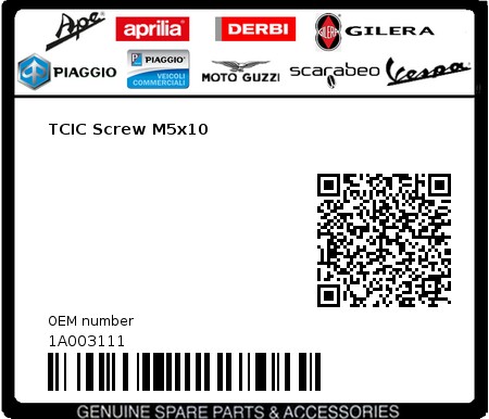 Product image: Vespa - 1A003111 - TCIC Screw M5x10  0