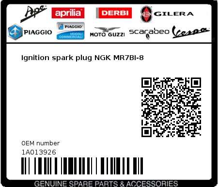 Product image: Vespa - 1A013926 - Ignition spark plug NGK MR7BI-8  0