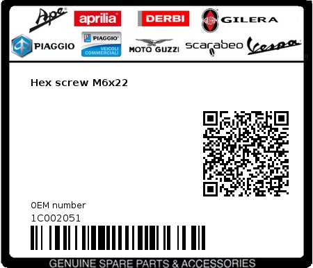 Product image: Vespa - 1C002051 - Hex screw M6x22  0