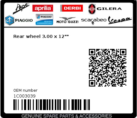 Product image: Vespa - 1C003039 - Rear wheel 3.00 x 12""  0