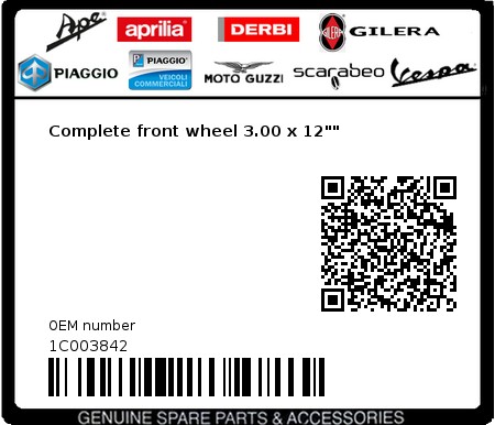 Product image: Vespa - 1C003842 - Complete front wheel 3.00 x 12""  0