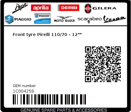 Product image: Vespa - 1C004259 - Front tyre Pirelli 110/70 - 12""  0