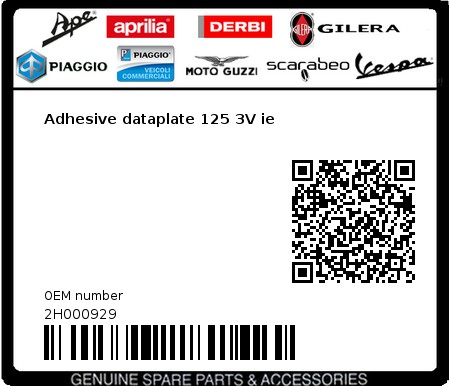 Product image: Vespa - 2H000929 - Adhesive dataplate 125 3V ie  0