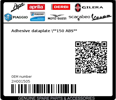 Product image: Vespa - 2H001505 - Adhesive dataplate \""150 ABS""  0