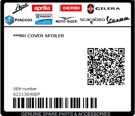 Product image: Vespa - 62213040EP - ***RH COVER SPOILER   0