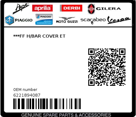 Product image: Vespa - 6221894087 - ***FF H/BAR COVER ET   0